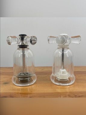 Vintage Cole & Mason Glass Salt & Pepper Grinder Set Faucet Handle Design